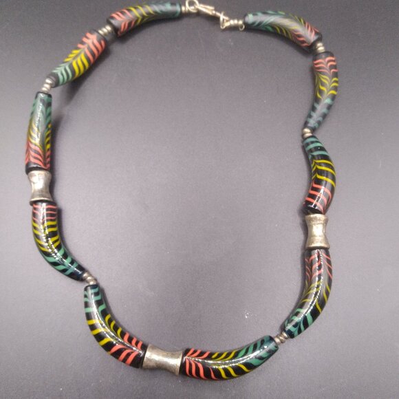 Sterling Silver Spacers beads & Clasp Striped Black Glass Beads 18''  Necklace - Picture 1 of 5